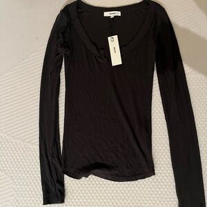 Joah Brown Black Fitted Ribbed Long Sleeve Blouse Henley